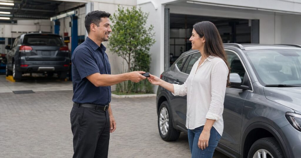 Atendente de concessionária entregando a chave de um carro reserva a um cliente no pátio com veículo aguardando conserto ao fundo