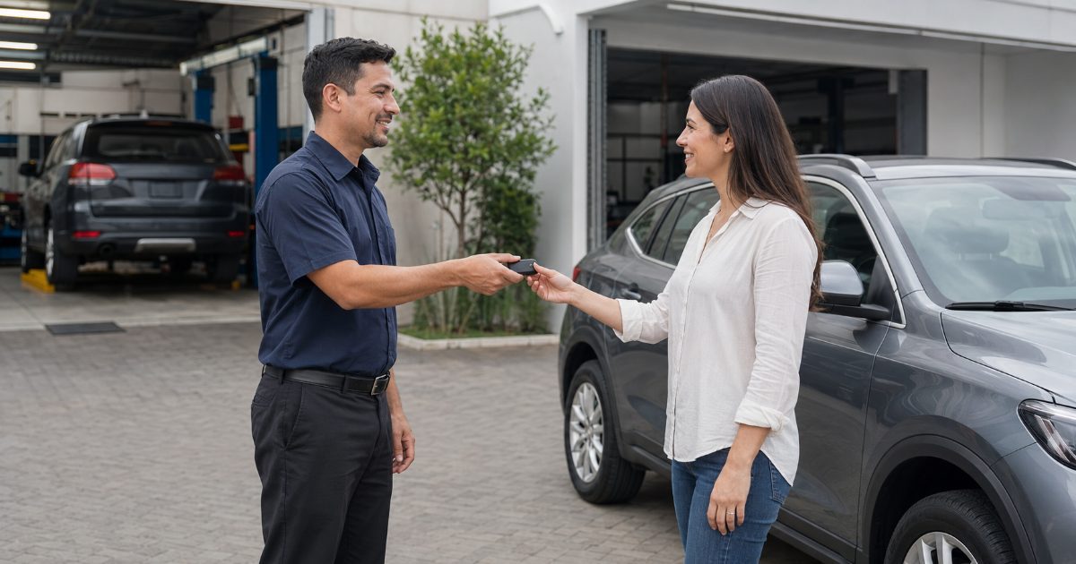 Atendente de concessionária entregando a chave de um carro reserva a um cliente no pátio com veículo aguardando conserto ao fundo
