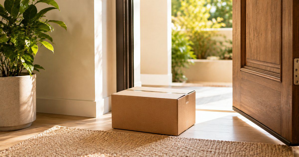 Encomenda de papelao entregue no hall de entrada claro de um predio residencial