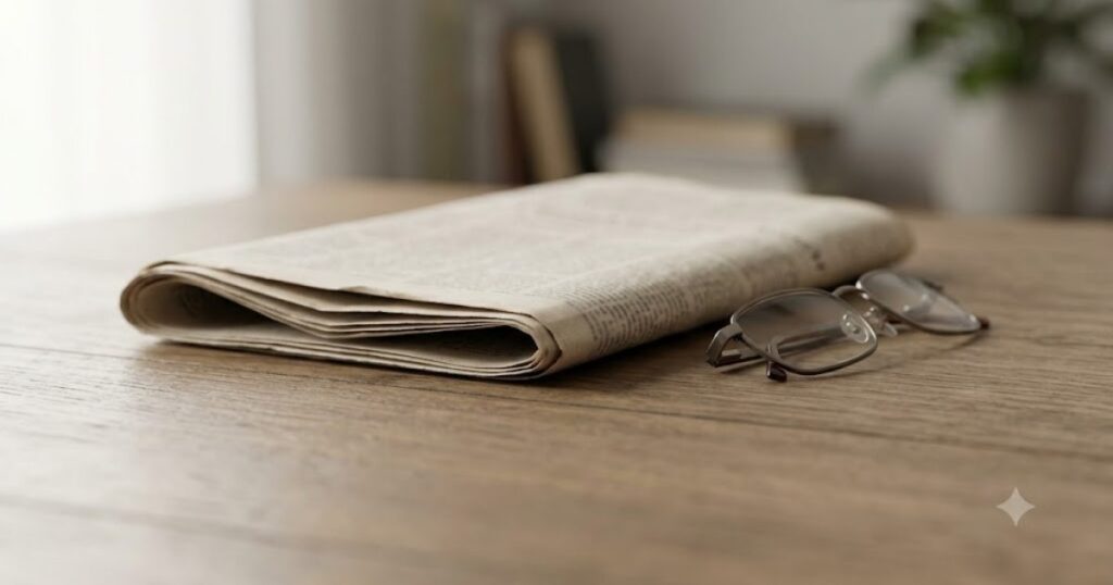 jornal impresso dobrado com oculos de leitura sobre mesa
