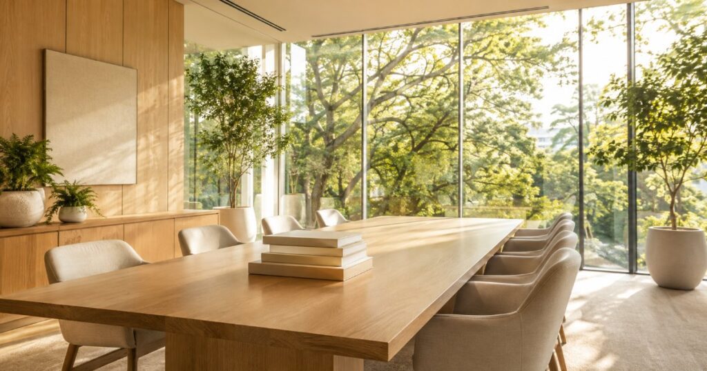 Escritorio de advocacia claro com mesa de madeira e parede de vidro voltada para arvores