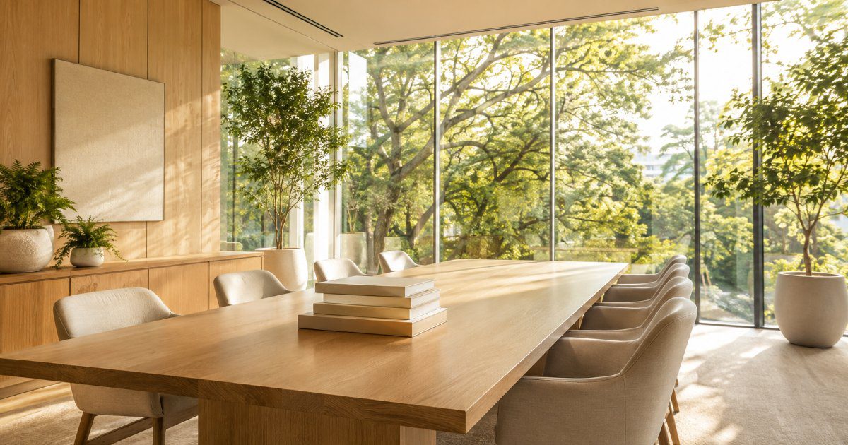 Escritorio de advocacia claro com mesa de madeira e parede de vidro voltada para arvores