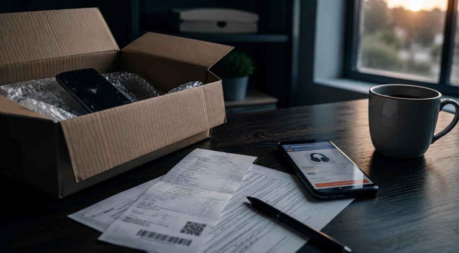 Caixa aberta com celular de tela trincada sobre mesa escura ao lado de nota fiscal e aplicativo de compras no smartphone
