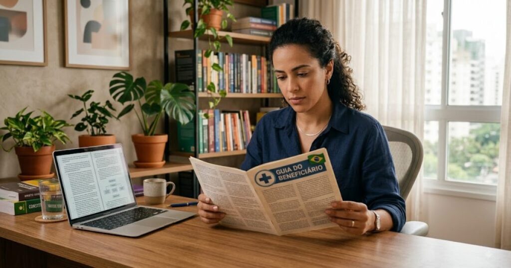 Mulher lendo um guia impresso sobre direitos do beneficiario de plano de saude em um escritorio domestico com notebook sobre a mesa