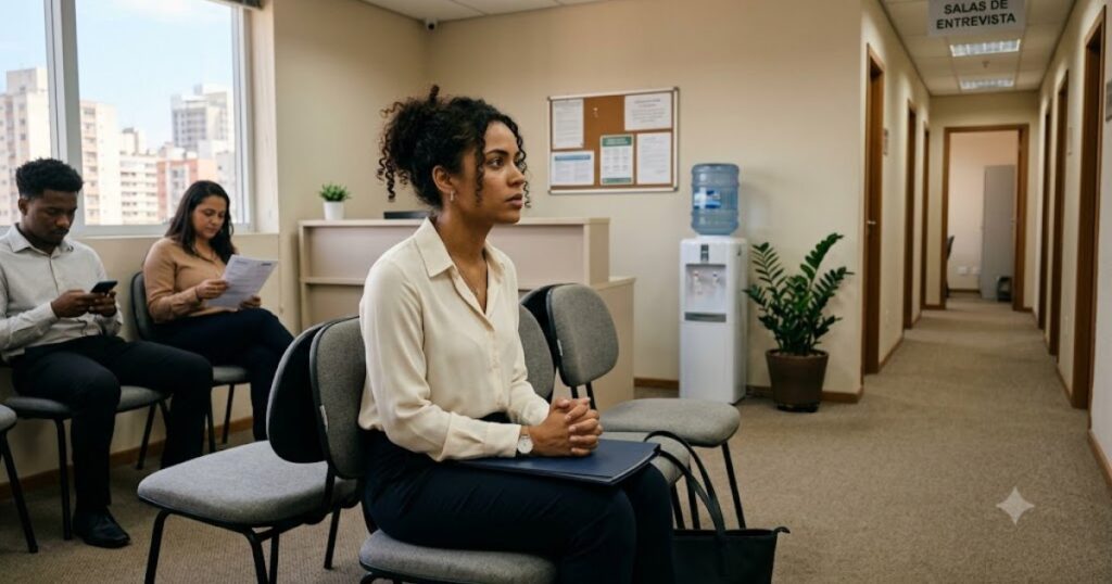 Candidata aguardando entrevista de emprego em sala de espera corporativa, cena editorial sobre discriminação na contratação
