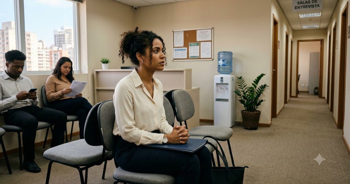 Candidata aguardando entrevista de emprego em sala de espera corporativa, cena editorial sobre discriminação na contratação