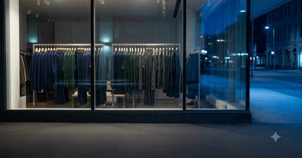 Vitrine de loja de roupas iluminada a noite, vista de fora, rua vazia refletida no vidro