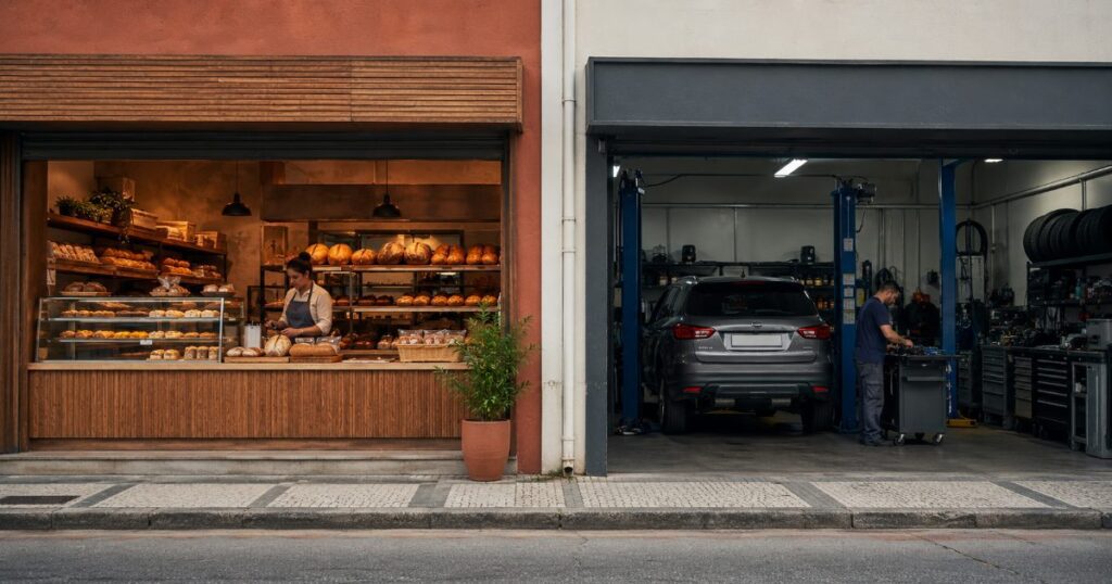Dois estabelecimentos comerciais de segmentos diferentes lado a lado, uma padaria e uma oficina, prosperando