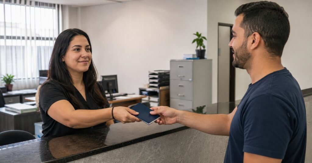 Analista de RH entregando carteira de trabalho para funcionario no balcao