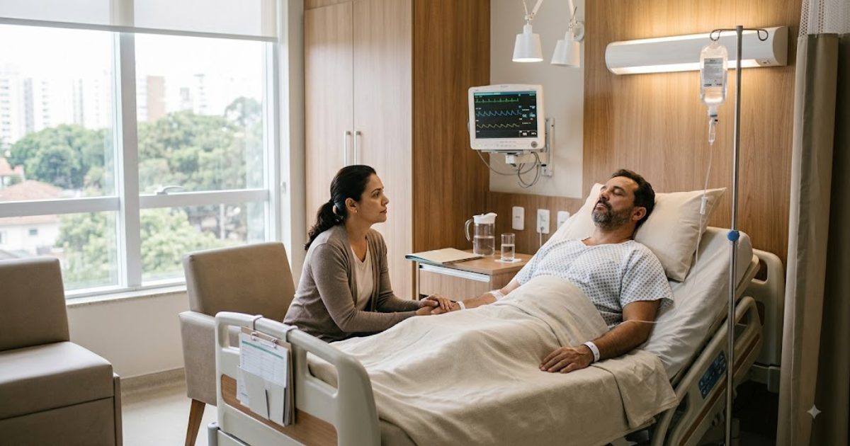 Paciente acomodado em uma cama de quarto de hospital com um familiar sentado ao lado
