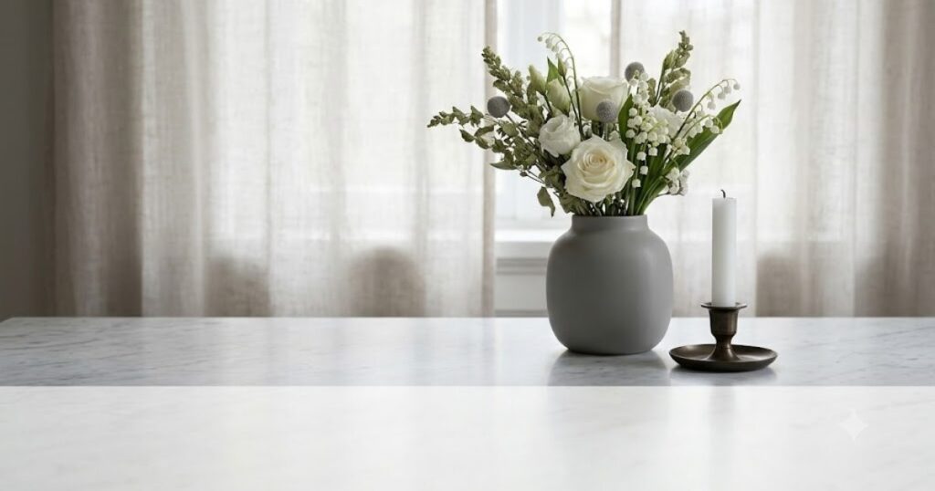 Vaso de flores brancas sobre mesa de marmore claro, vela apagada, luz difusa