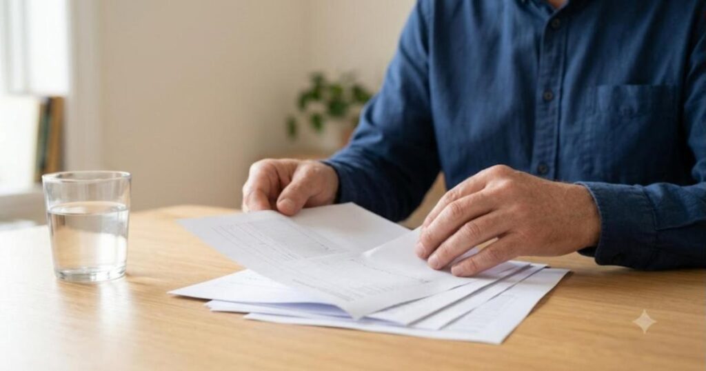 Homem adulto sentado a uma mesa clara folheando folhas de resultados de exames ao lado de um copo de agua