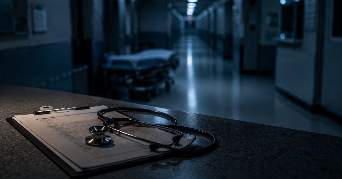 Prancheta com formulario e estetoscopio sobre balcao em corredor hospitalar vazio a noite