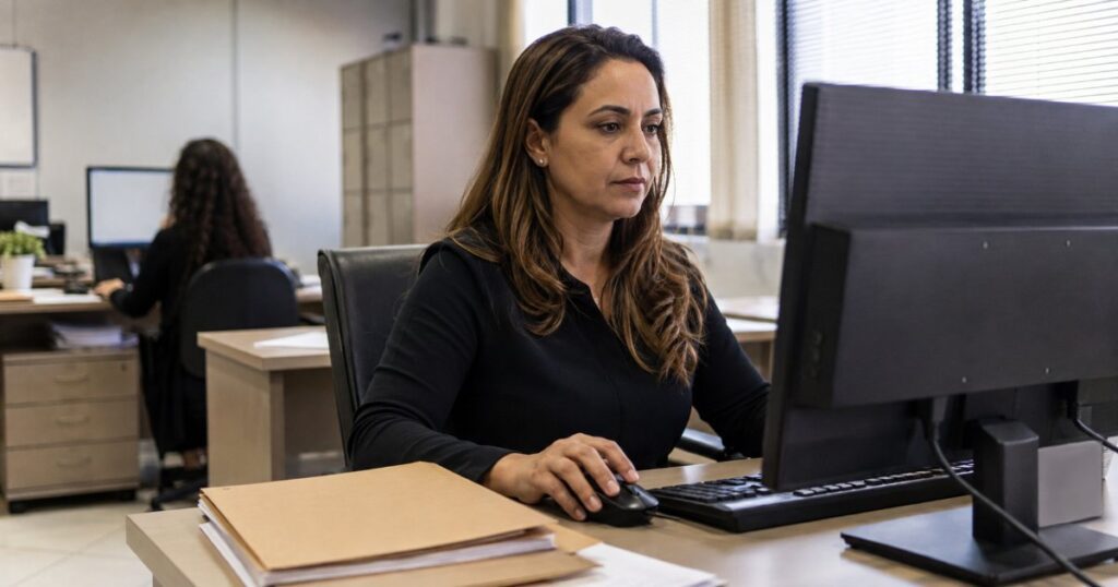 Profissional de RH analisando fichas de ponto no computador