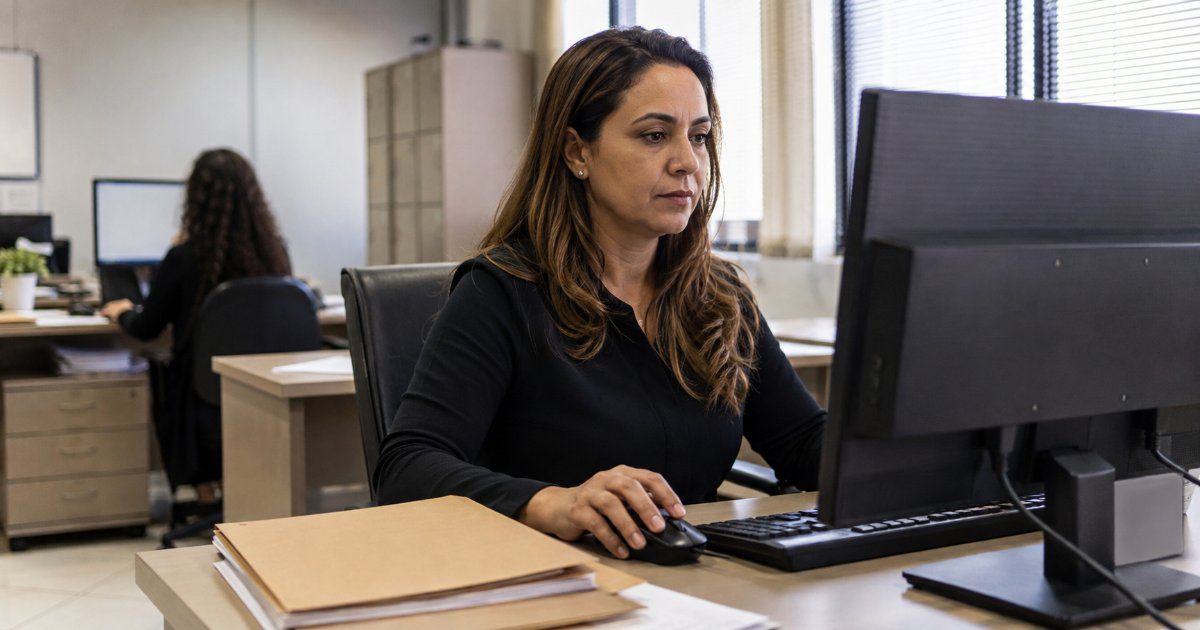 Profissional de RH analisando fichas de ponto no computador