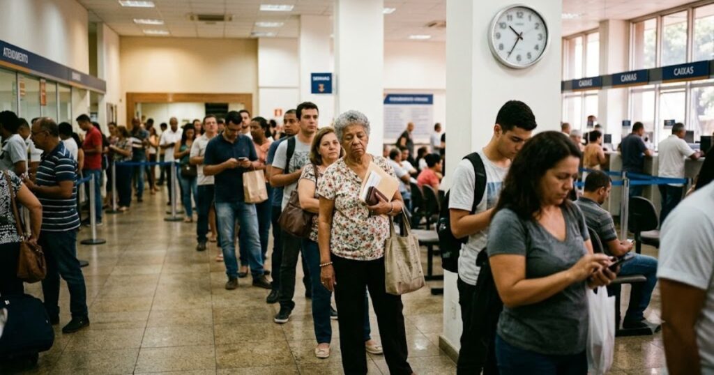 Fila longa dentro de agência bancária, cena editorial sobre espera excessiva