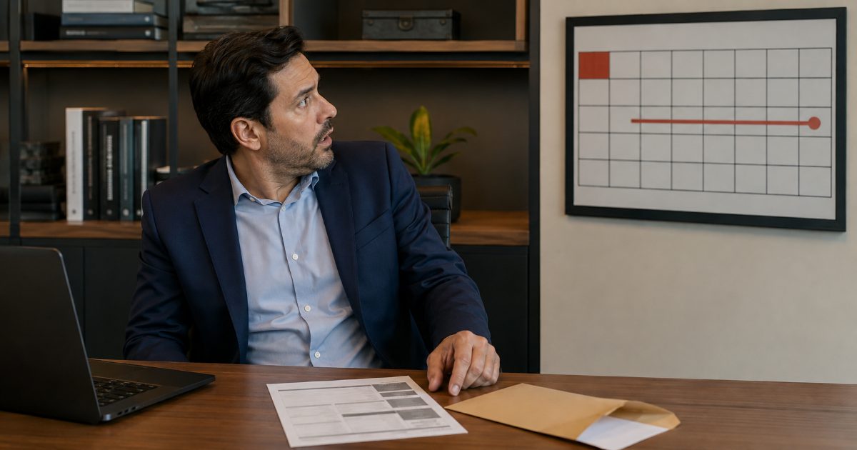 Empresário surpreso olhando calendário de parede com data vencida e um boleto de pagamento esquecido na mesa
