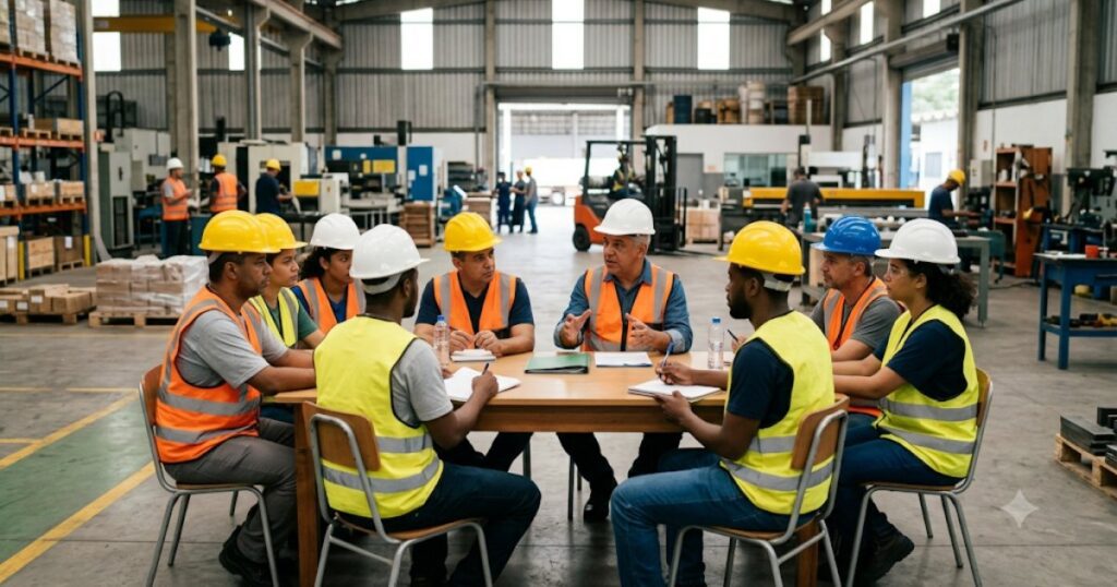 Reuniao de comissao de seguranca do trabalho com trabalhadores de EPI
