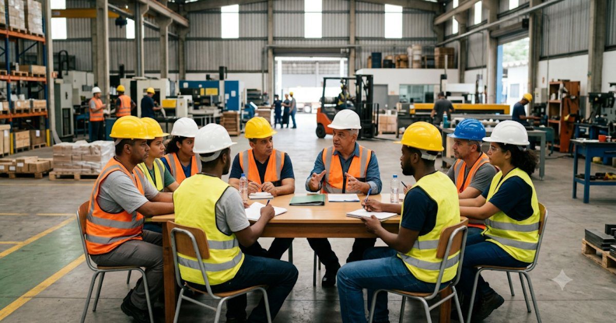 Reuniao de comissao de seguranca do trabalho com trabalhadores de EPI
