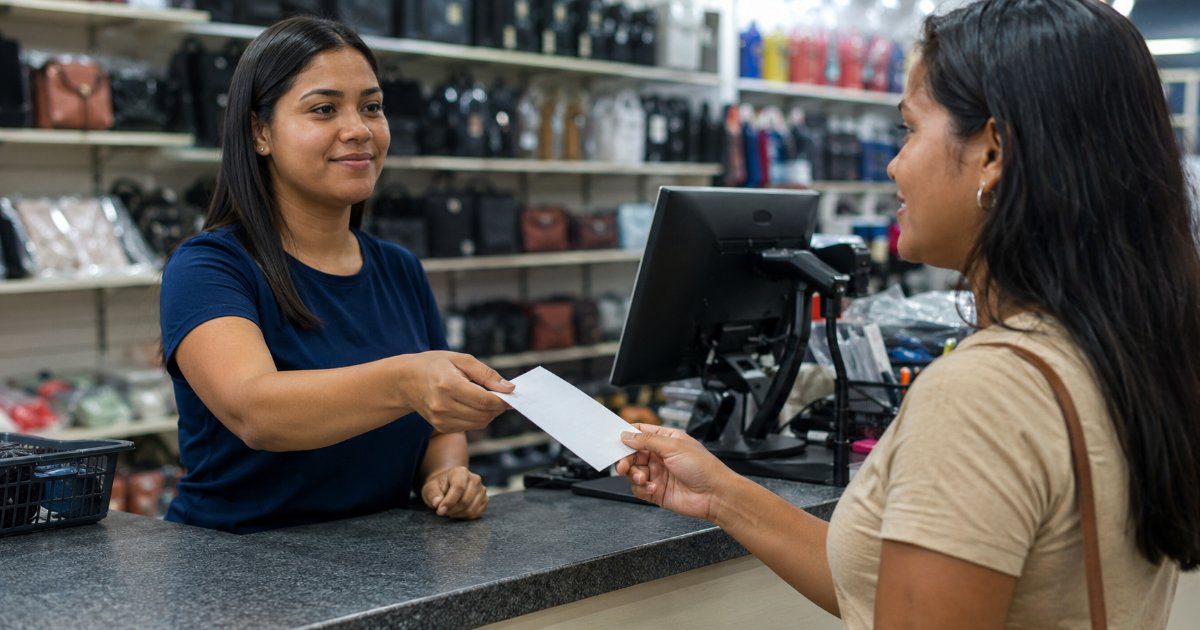 Vendedor entregando comprovante de estorno para cliente no balcao