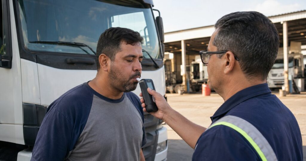 Motorista de caminhao realizando exame de bafometro com fiscal