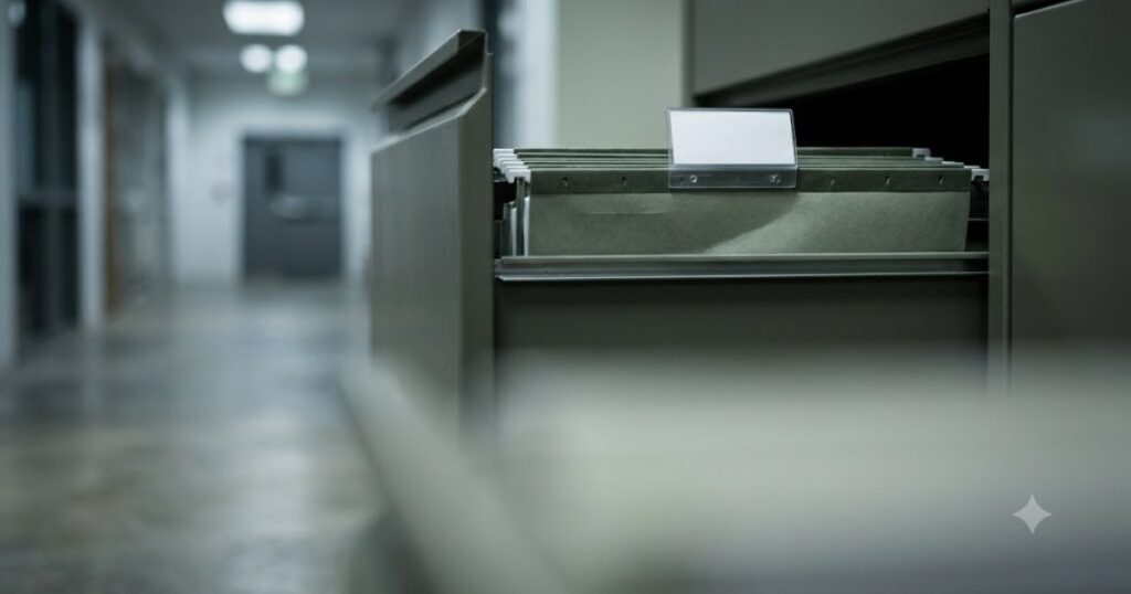 Pasta suspensa arquivada em armario metalico entreaberto, luz fria de corredor