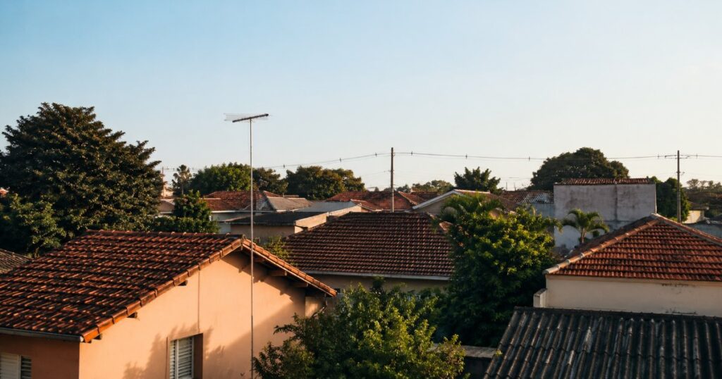 Telhados de um bairro residencial com antena e cabos aereos sob ceu claro no fim da tarde