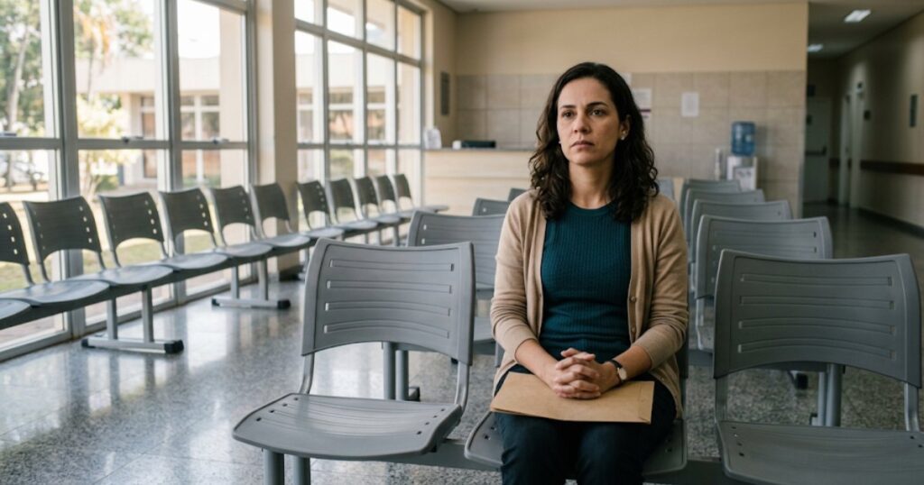 Mulher sentada sozinha em sala de espera pública ampla e organizada, olhando pensativa para frente