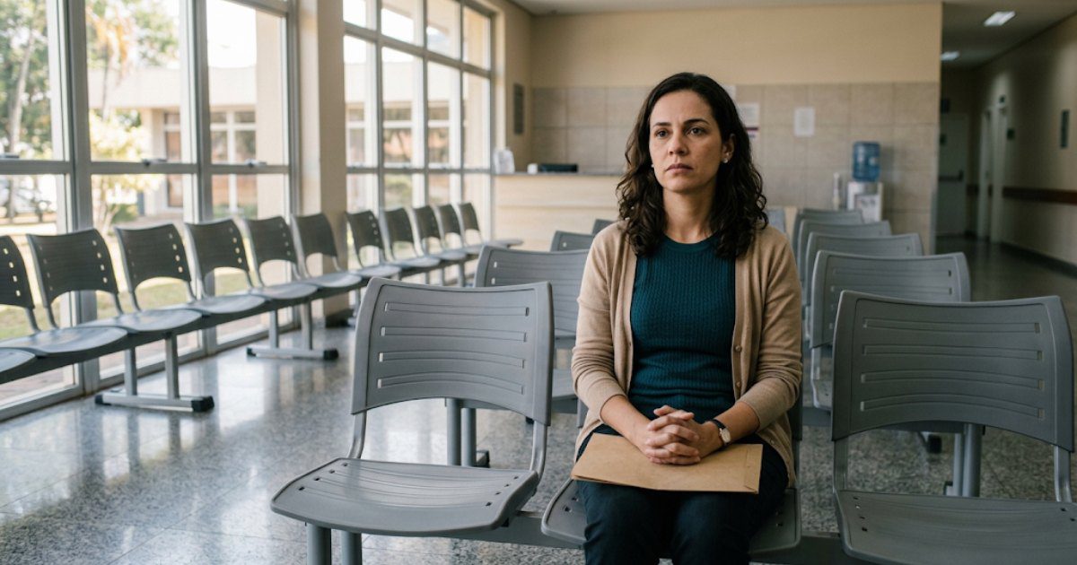 Mulher sentada sozinha em sala de espera pública ampla e organizada, olhando pensativa para frente