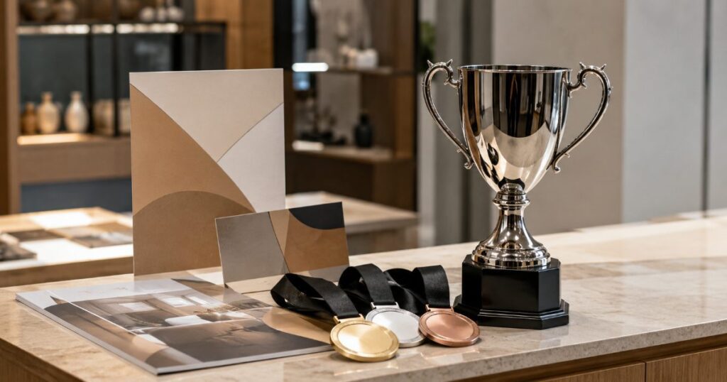 Troféu brilhante e medalhas em destaque sobre um balcão de loja ao lado de material publicitário
