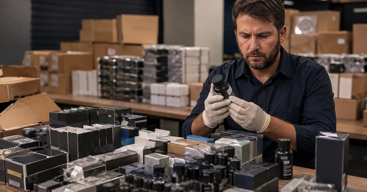 Agente examinando produtos falsificados apreendidos empilhados sobre uma mesa em operação de fiscalização
