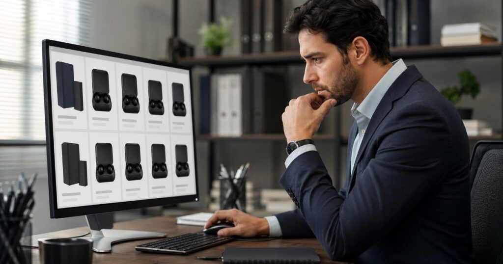 Profissional analisando anúncios de produtos em marketplace para identificar itens falsificados
