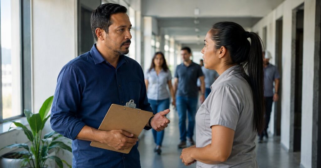 Supervisor conversando com funcionaria no corredor de uma empresa brasileira