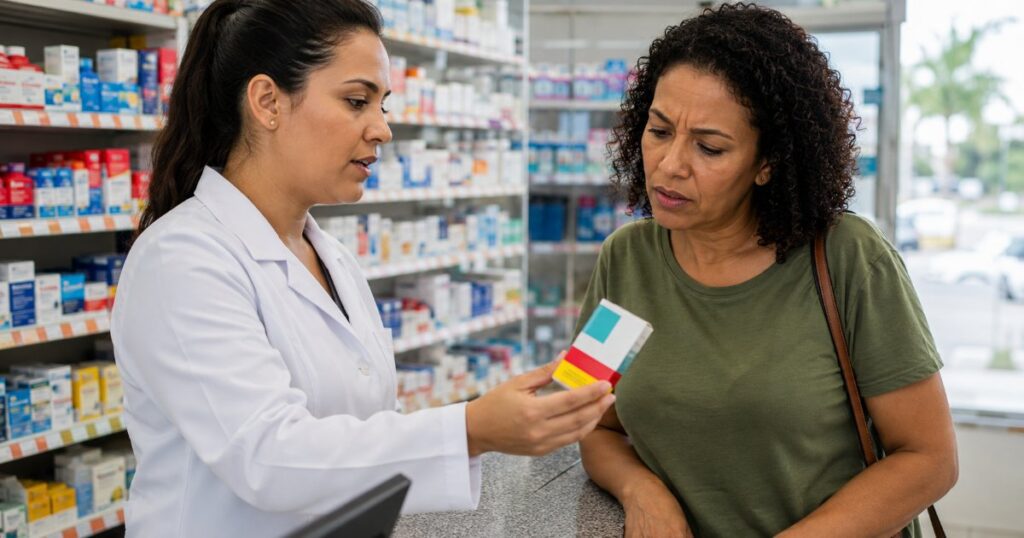 Farmacêutica entregando medicamento a cliente que observa com dúvida, cena editorial sobre erro de farmácia