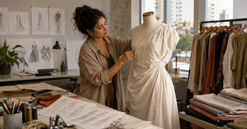 Estilista de moda em ateliê trabalhando em criação de roupa em manequim cercada por tecidos e esboços