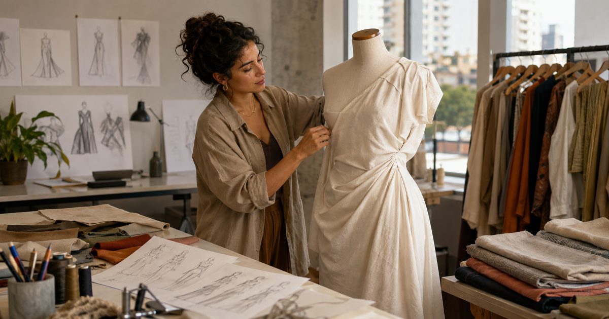 Estilista de moda em ateliê trabalhando em criação de roupa em manequim cercada por tecidos e esboços