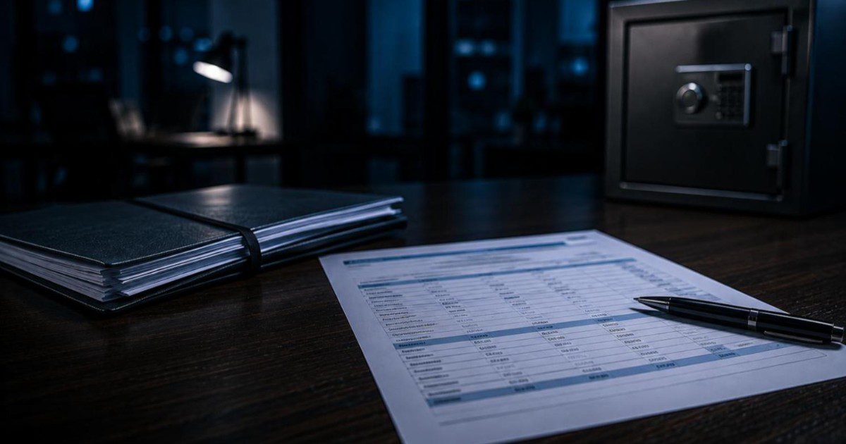 Extrato bancário impresso sobre mesa de madeira escura, ao lado de pasta de documentos e cofre metálico ao fundo, em escritório noturno