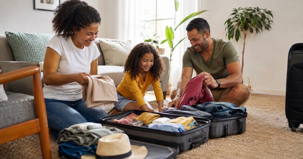 Familia brasileira arrumando malas em casa para viajar de ferias