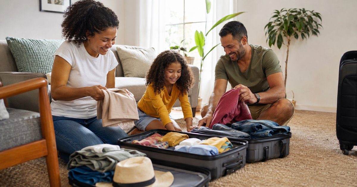 Familia brasileira arrumando malas em casa para viajar de ferias