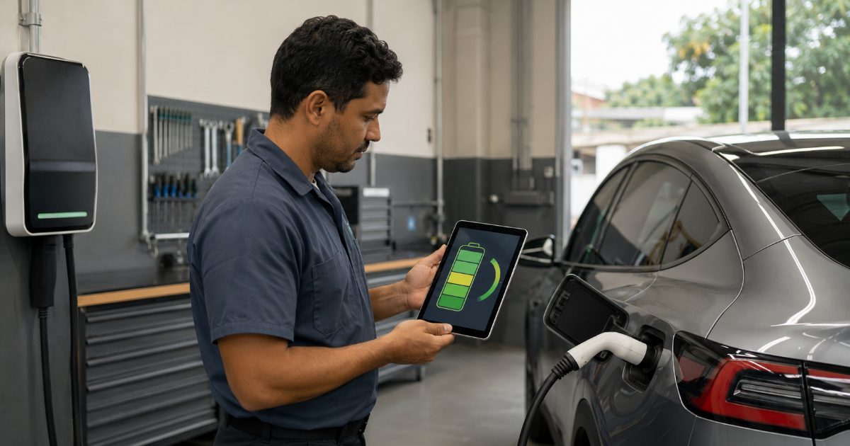 Técnico de oficina com tablet de diagnóstico verificando a bateria de um carro elétrico moderno conectado a um carregador