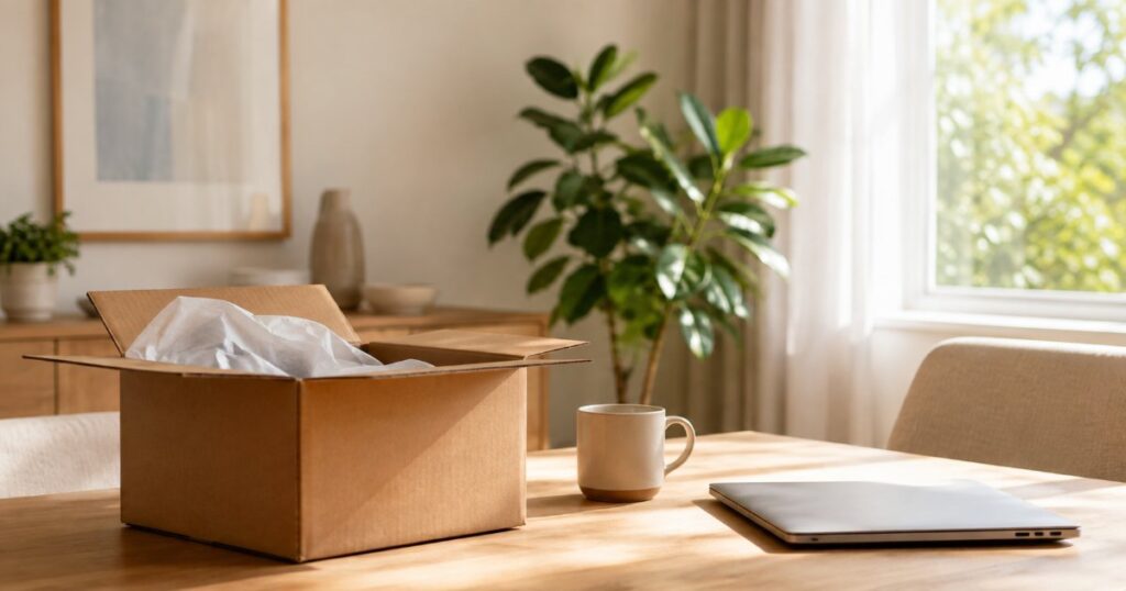 Caixa de papelão aberta sobre mesa de madeira clara ao lado de notebook e caneca, em sala iluminada por luz natural