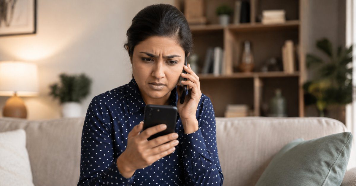 Pessoa em casa com expressão de desconfiança ao receber ligação suspeita no celular