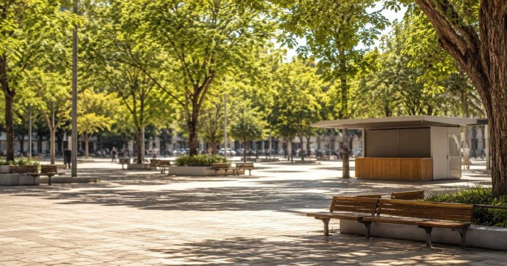 Praca publica arborizada e ensolarada com bancos e pessoas distantes desfocadas