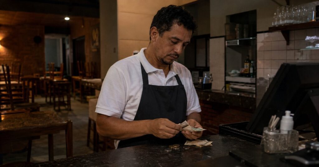 Garcom contando as gorjetas do dia em restaurante