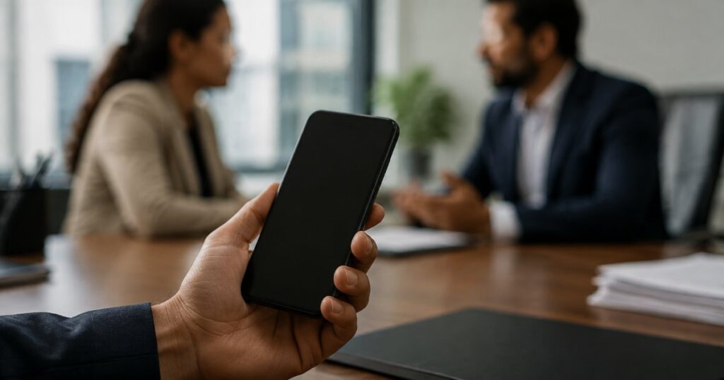 Celular sobre mesa de escritorio com pessoas conversando ao fundo