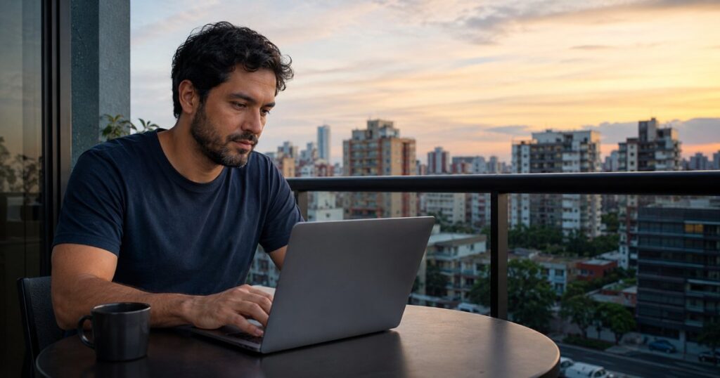 Profissional trabalhando com notebook em varanda com vista da cidade