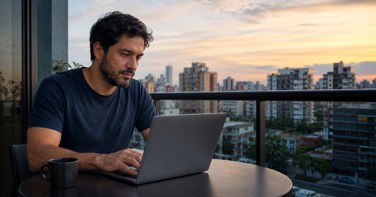 Profissional trabalhando com notebook em varanda com vista da cidade