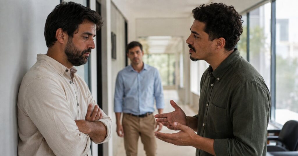 Dois colegas conversando de forma desconfortavel em corredor de escritorio