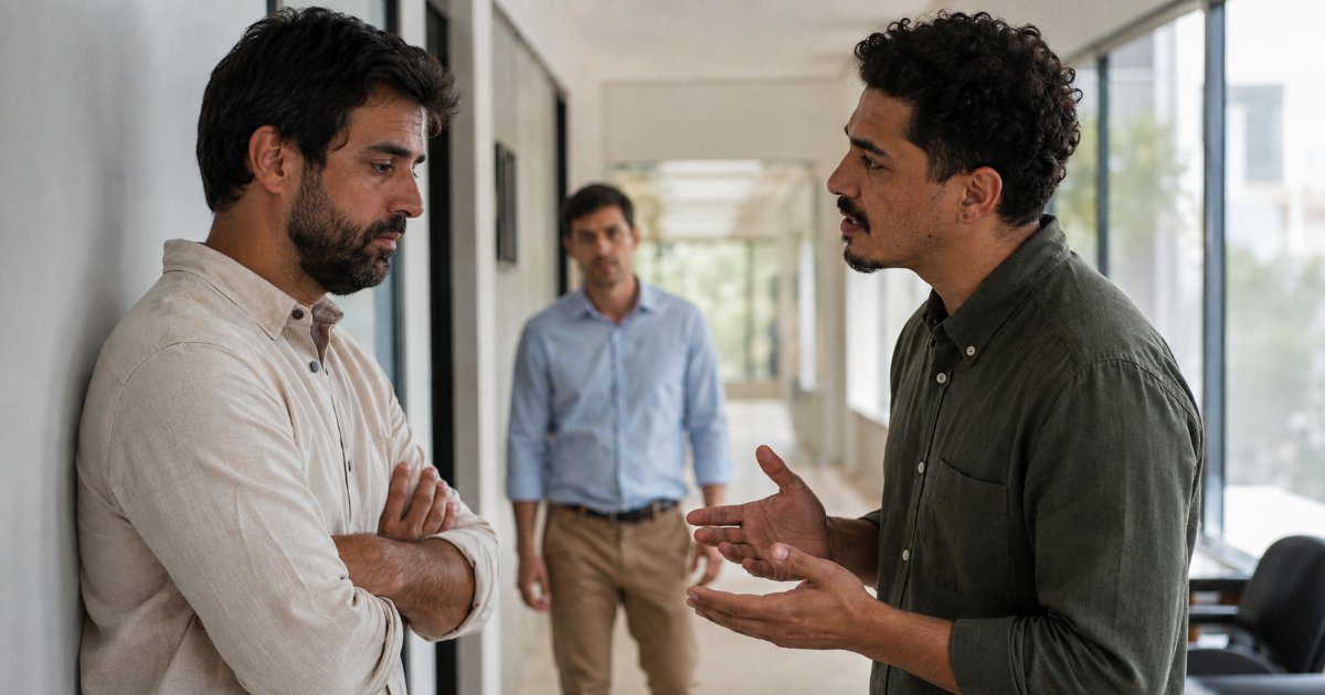 Dois colegas conversando de forma desconfortavel em corredor de escritorio