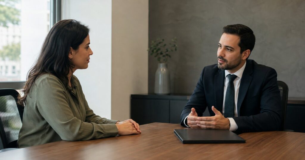 Advogado conversando com cliente em sala de reuniao de escritorio